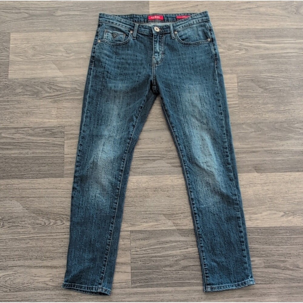 GUESS Men's Skinny Blue Denim Jeans Logo Button Zip 5-Pocket Design